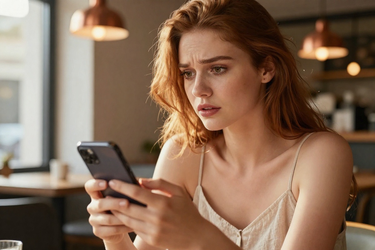 Мужчина в кафе смотрит в смартфон с задумчивым выражением, символизируя важность защиты данных в публичных сетях
