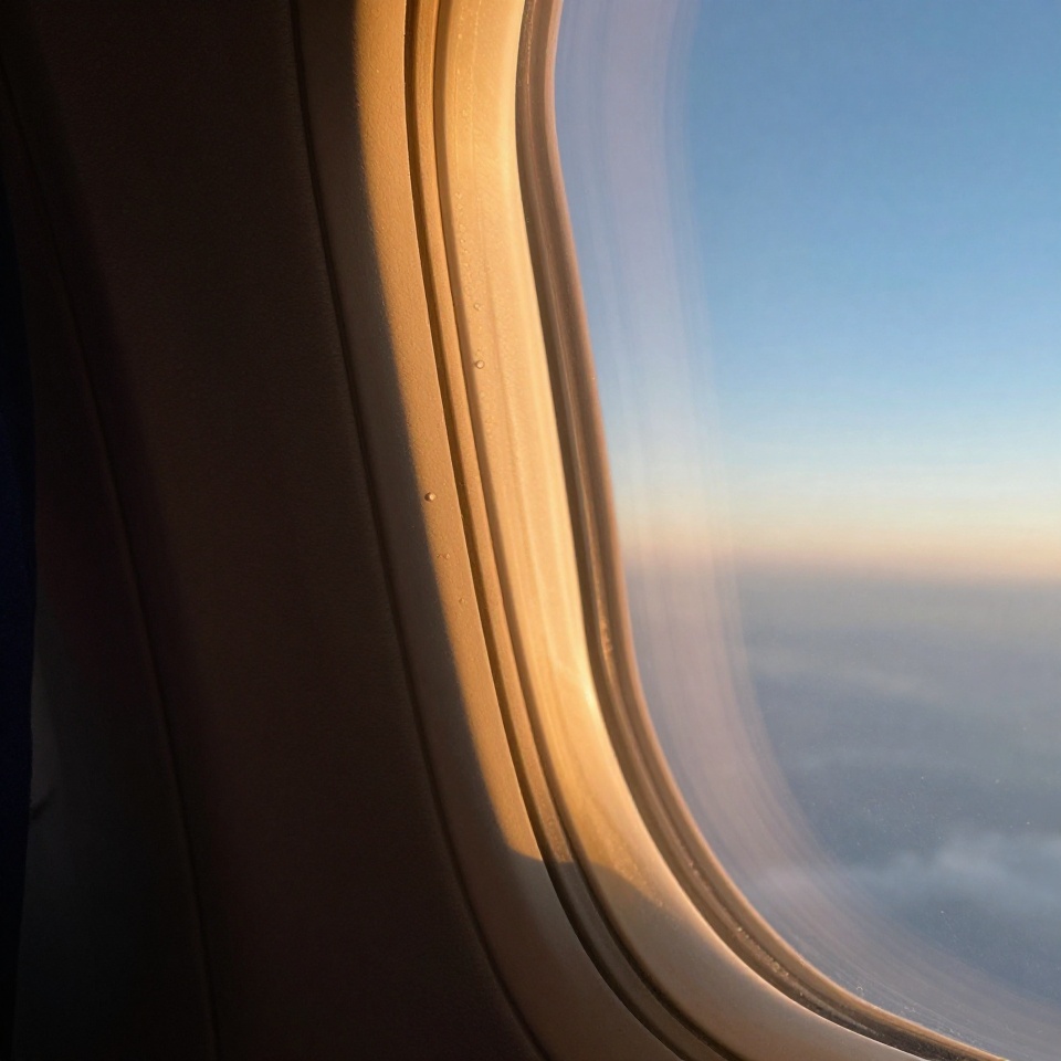 Макросъемка иллюминатора самолета Air Astana в золотой час с каплями конденсата на стекле