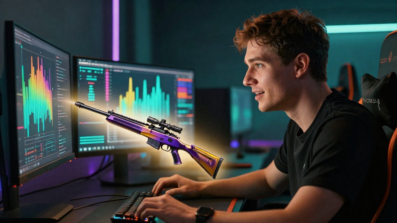 Геймер рассматривает редкий скин с низким float на мониторе в неоновой игровой комнате