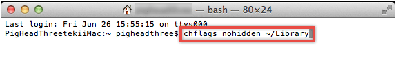 Введите «chflags nohidden ~ / Library» в терминал (без кавычек) и нажмите «Return» на клавиатуре, чтобы выполнить команду