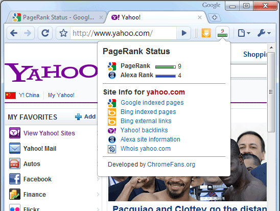 Скриншот расширения статуса PageRanks v3
